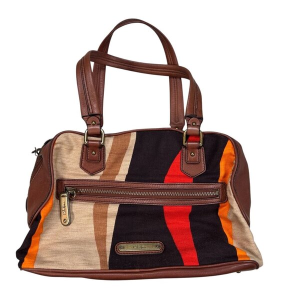 Cole Haan Handbag Brown Leather Canvas Retro Striped Colorblock Boho - Picture 2 of 10
